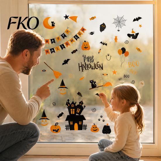 Non-adhesive Glass Stickers 4 Sheets Halloween Electrostatic Stickers, Cartoon Pumpkins Castle Bats Window PVC Waterproof Static Clings for