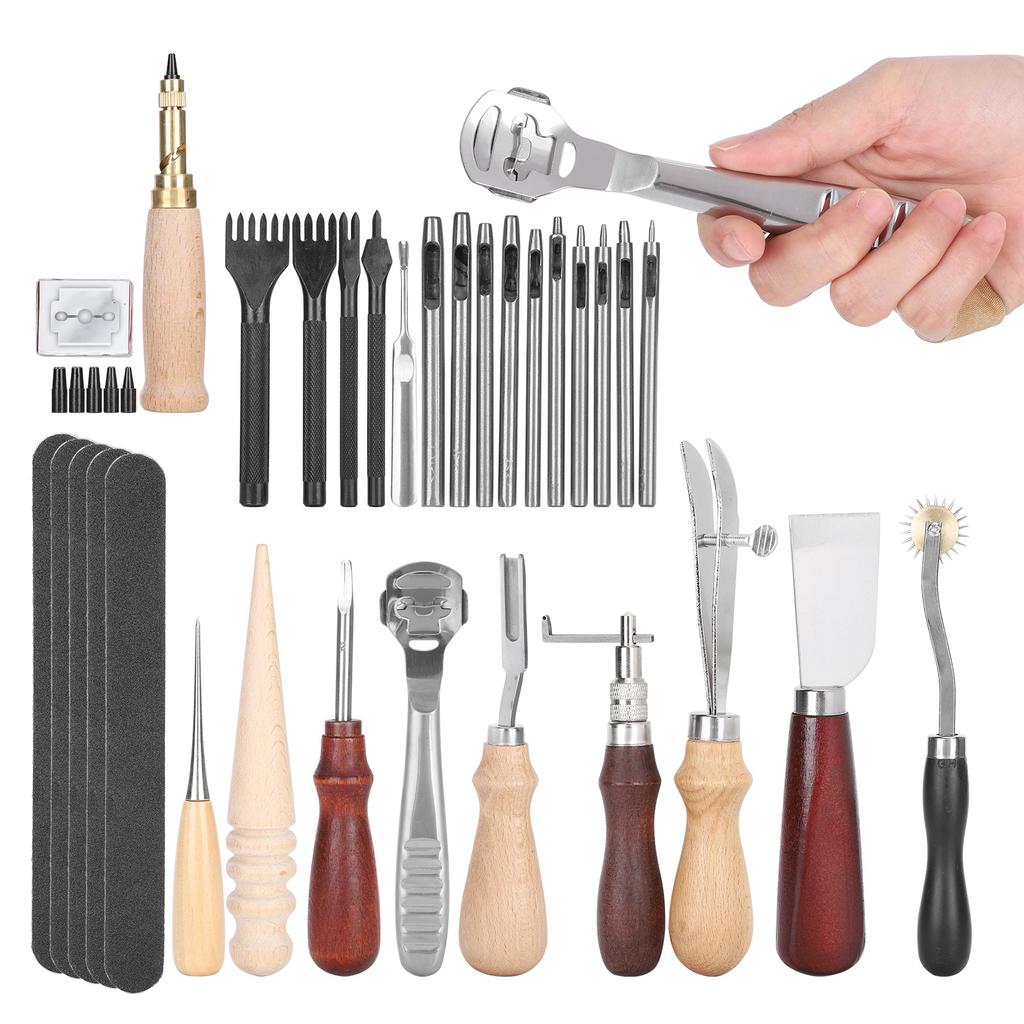 Набор из 33 инструментов для рукоделия из кожи, рабочие принадлежности для резьбы по коже, штамповки и тиснения