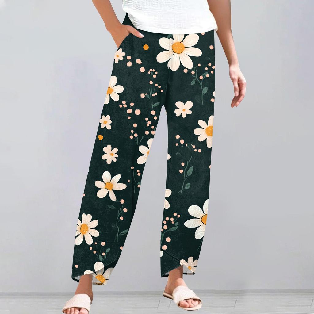 Брюки женские летние повседневные широкие брюки с эластичной резинкой на талии и карманами