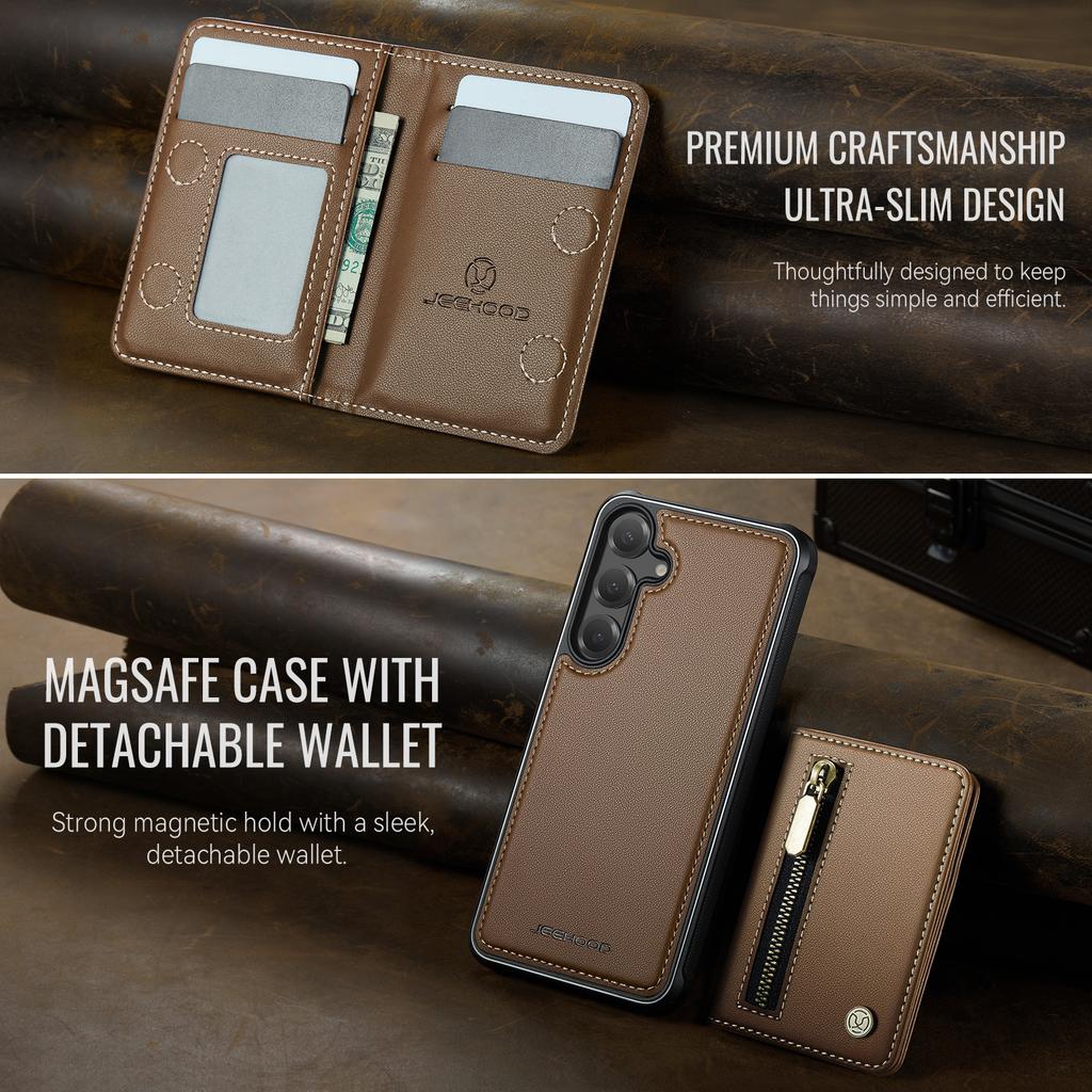 For Samsung Galaxy S25 Case JEEHOOD J12 Magnetic Detachable Zipper Wallet Kickstand Leather Back Cover Magnetic Case