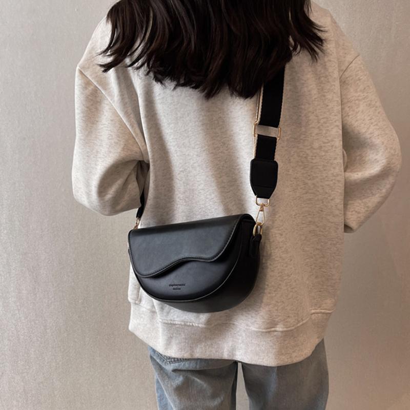 Women Vintage Solid Color Flap Small Saddle Shoulder Underarm Bag Fashion PU Leather Wide Strap Crossbody Bag