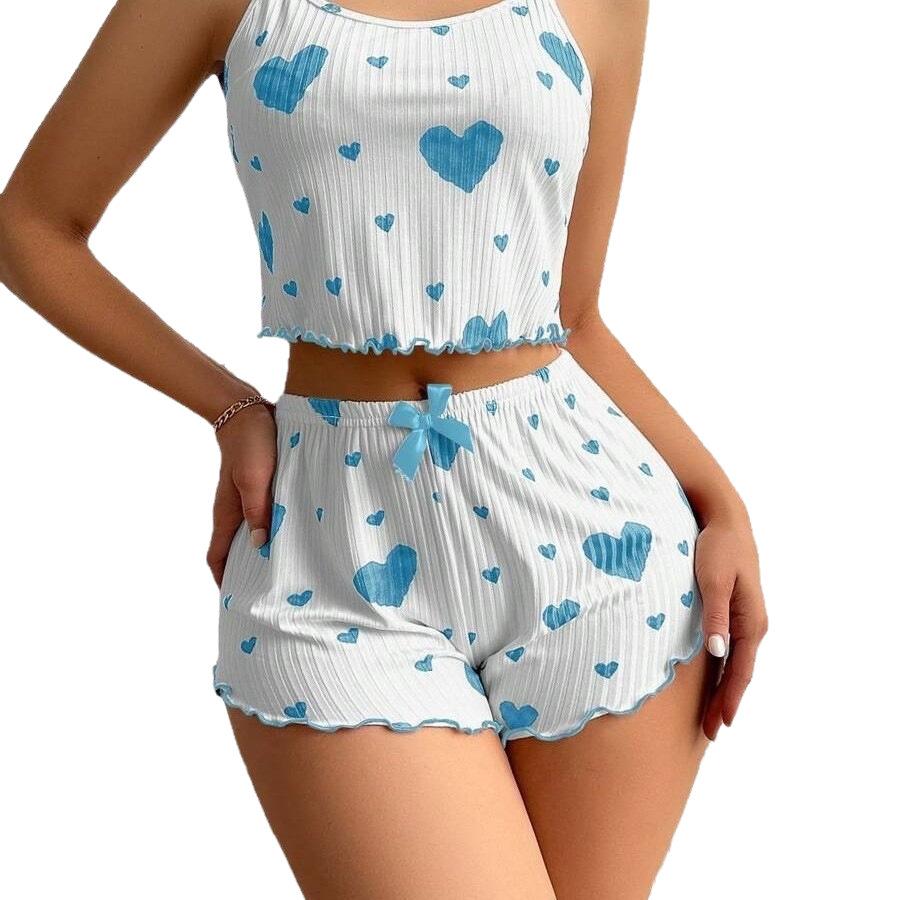 Женский пижамный комплект из 2 предметов: короткие майки и шорты SML, белый, вентилируемый, мягкий, повседневный, с принтом «любовь»