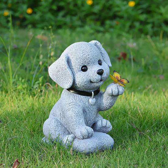 Garden Dog Statue with Solar Butterfly Light Small Resin Puppy Sculpture Outdoor Waterproof Solar Powered Animal Figurine for Yard Patio