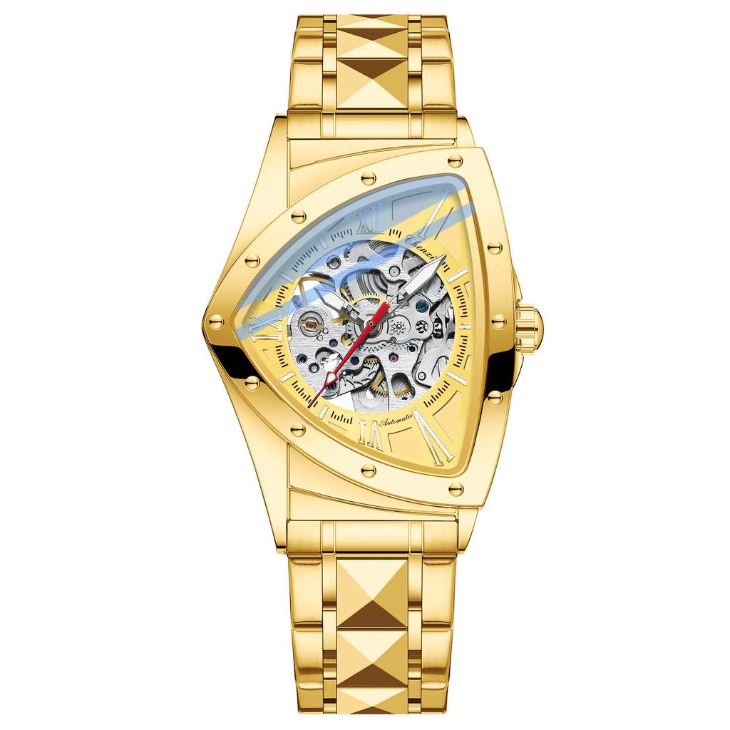 Автоматические мужские часы класса люкс из нержавеющей стали с треугольным циферблатом, механические наручные часы-скелетоны, водонепроницаемые, светящиеся часы