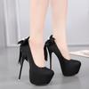 Size 34-42 Womens Black Pumps Sexy Silk Round Toe Platform Slip On Shallow 16CM Thin High Heeled  Butterfly-knot Banquet Shoes