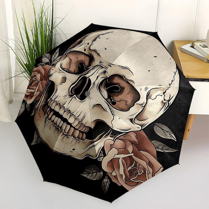 Skull and Roses Circular Wall Art Decor Umbrella, Cute Umbrella with Cute Design, Portable 3-Fold Compact Umbrella for Men & Women, Valentine's Day Mo