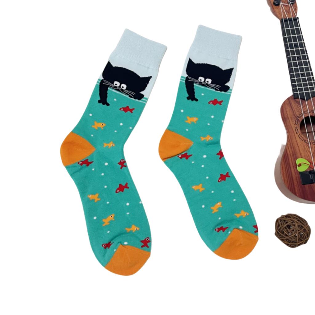 1 Pair Men's Trendy Cartoon Cat Fish Pattern Mid-calf Socks, Breathable Comfy Casual Unisex Socks Suit In All Seasons