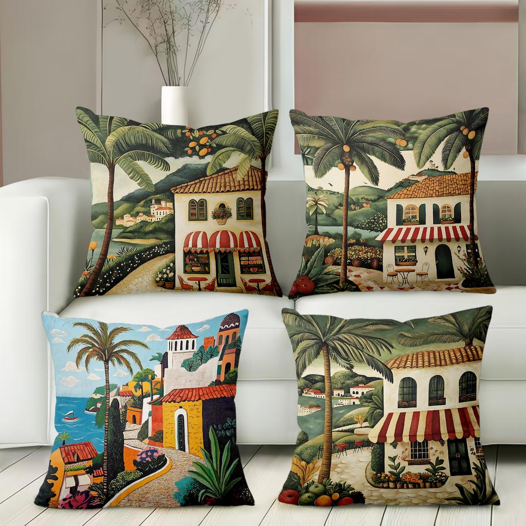 Mediterranean Coastal Town Print Pillow Covers Polyester sofa decorative cushion cov Headboard Pillow (Without Pillow Core
