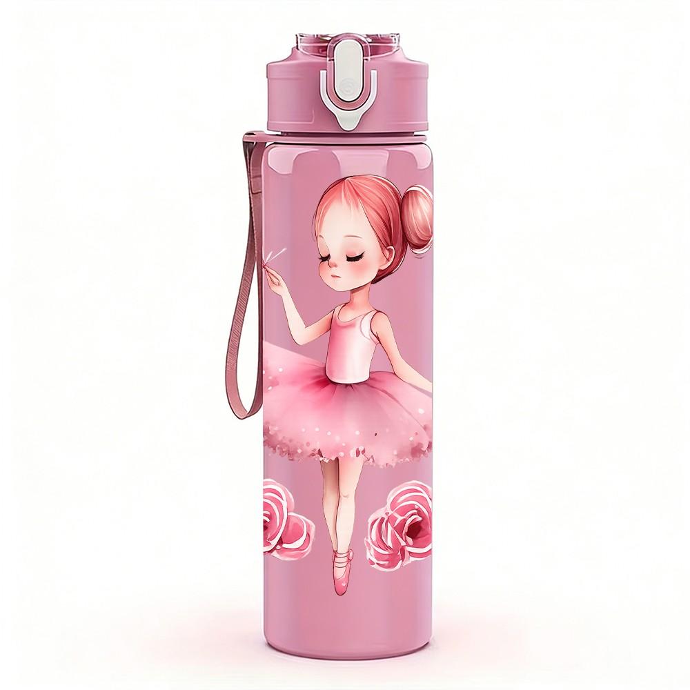 1PC Soft Pink Ballerina Girl Print 750ml Color Plastic Sports Water Bottle Leakproof Flip Straw Lid Suitable for Sports Office Home Use