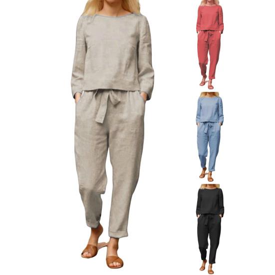 2 шт./комплект женский топ брюки комплект круглый вырез длинный рукав блузка винтажные эластичный пояс брюки повседневный досуг свободный наряд