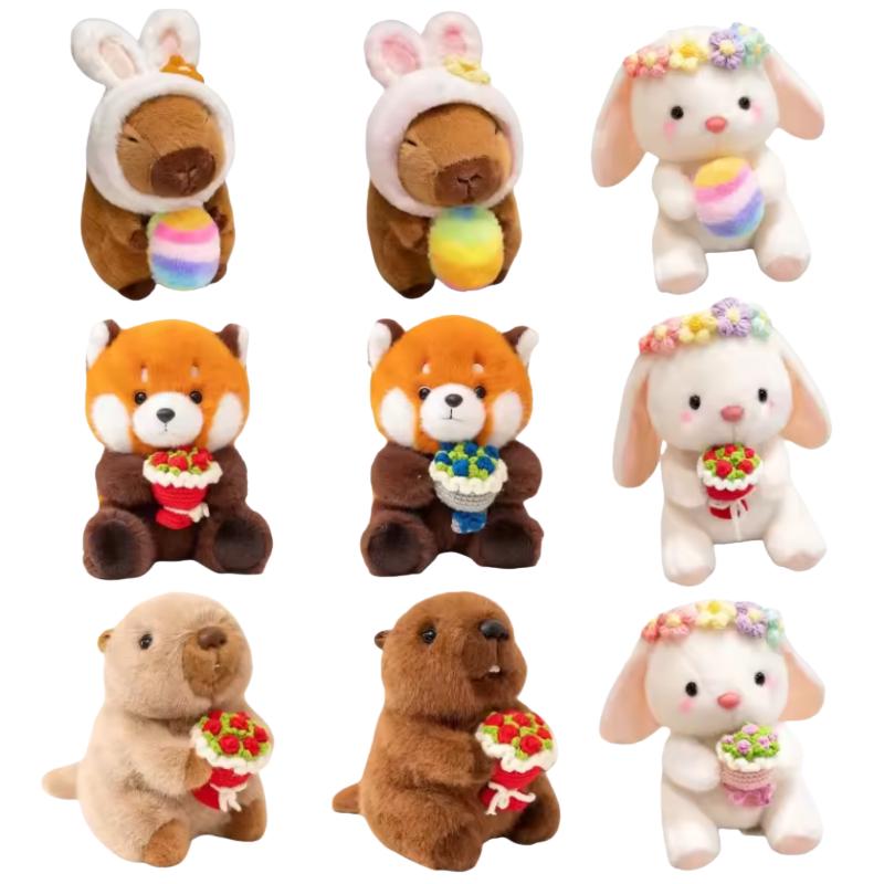 2025Cm Cute Hug Flower Bouquet Rabbit Raccoon Toy Capybara Hug Easter Egg Plush Doll Easter Valentine'S Day Gift