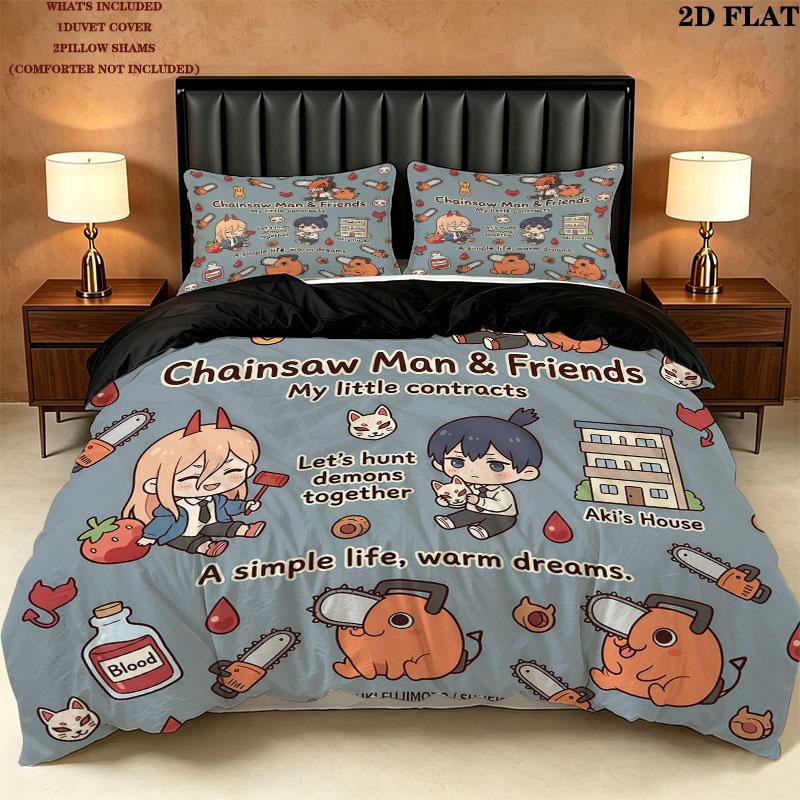 Chainsaw Man Pattern Bedding Quilt Set Quilt Cover Pillowcase Home Birthday Gift(1 * duvet cover + 2 * pillowcase, without core)