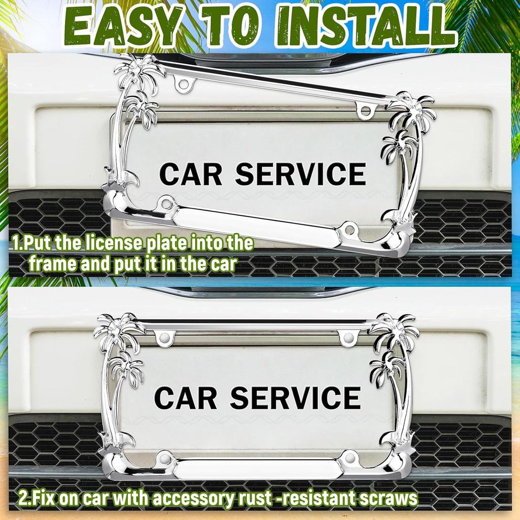 2 шт. Рамка для номерного знака с пальмой, пластиковая, с дизайном пляжа и кокосовой пальмы, совместима со стандартным номерным знаком для США, 2 отверстия, с винтами для