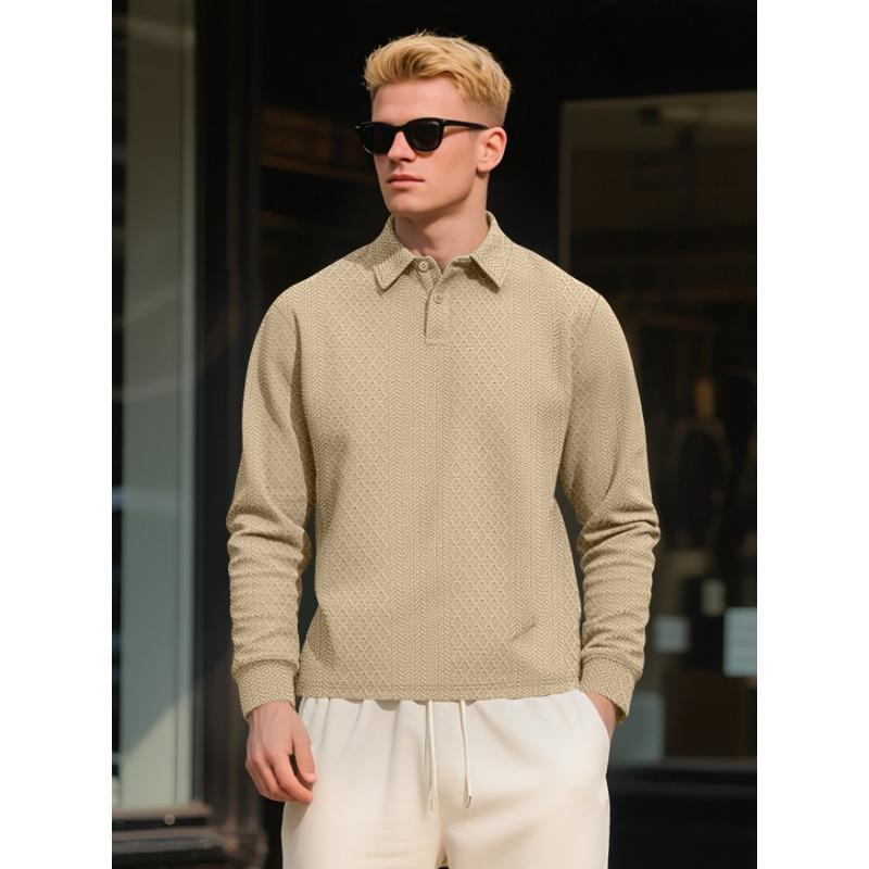 Men Long Sleeve Solid Jacquard Loose Polo Sweatshirt