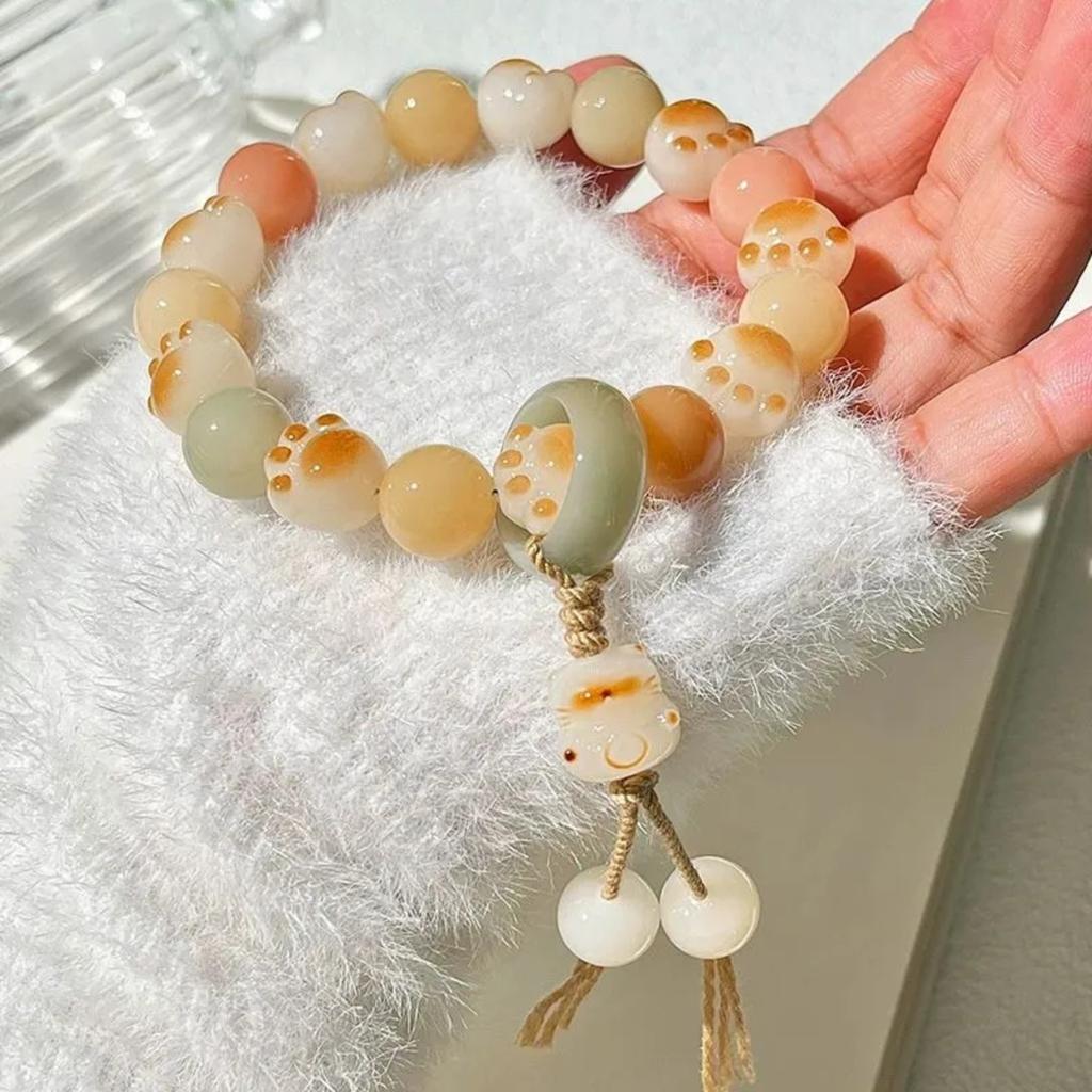 Милый браслет с кошкой для женщин и мужчин, натуральный камень, ручная цепочка, модная веревка