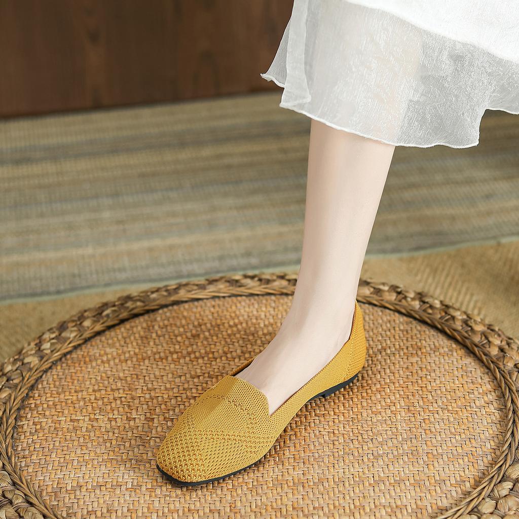 Shoes Single Shoes Women'S Deep Mouth Flying Shoes Woven Shoes Square Head Flat Bottom Knitted Large Size Egg Roll Shoes
