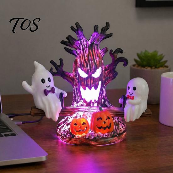 Gothic Atmosphere Halloween Decor Animated Seesaw Ghost Light, USB Powered 3D Night Cute LED Lightweight Ornament Lamp with Spooky Tree And