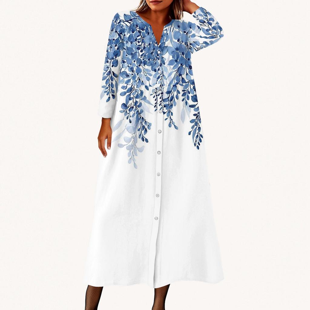 Женское модное платье-рубашка свободного кроя с принтом, круглым вырезом и рукавами семь четвертей на пуговицах