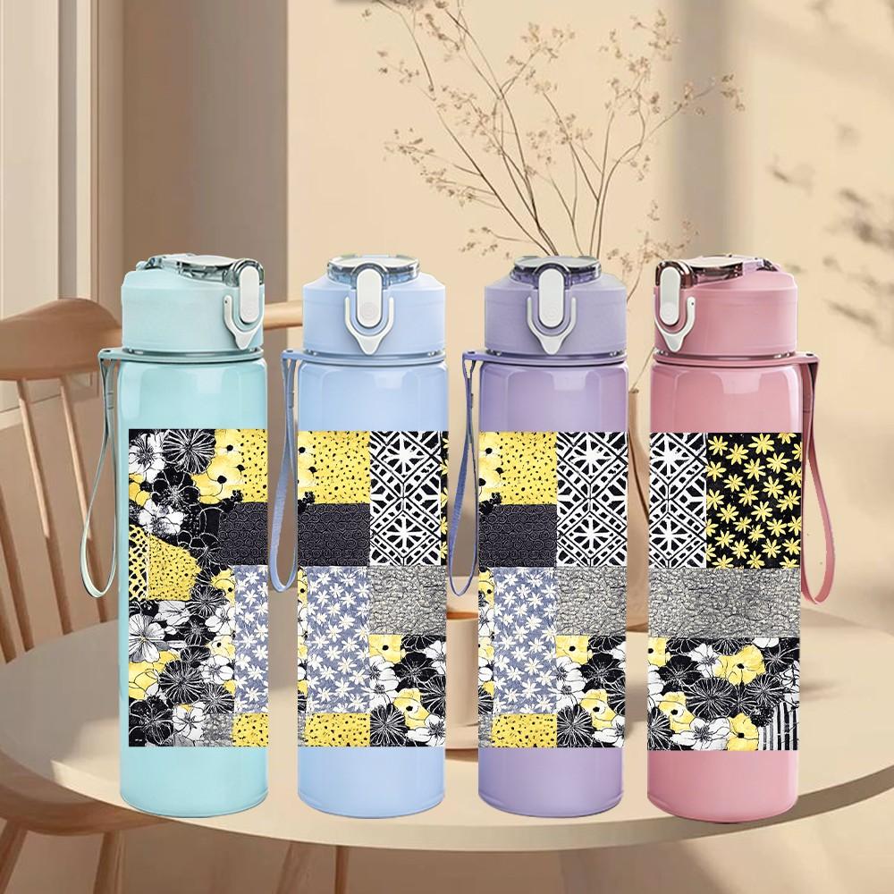 1PC Patchwork Square Block 750ml Color Plastic Sports Water Bottle Leakproof Flip Straw Lid Suitable for Sports Office Home Use