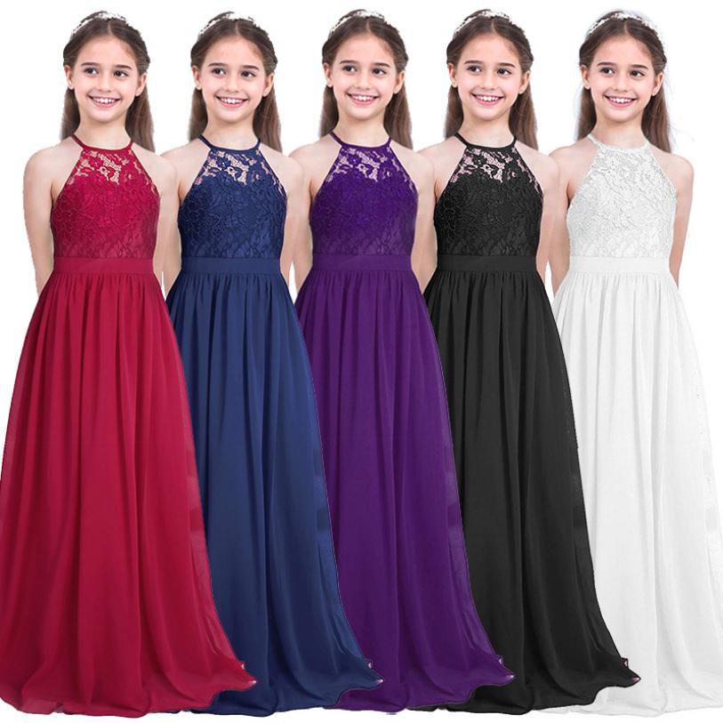 Girls Lace Chiffon Sleeveless Halter Flower Girl Dress Princess Pageant Wedding Bridesmaid Birthday Party Dress