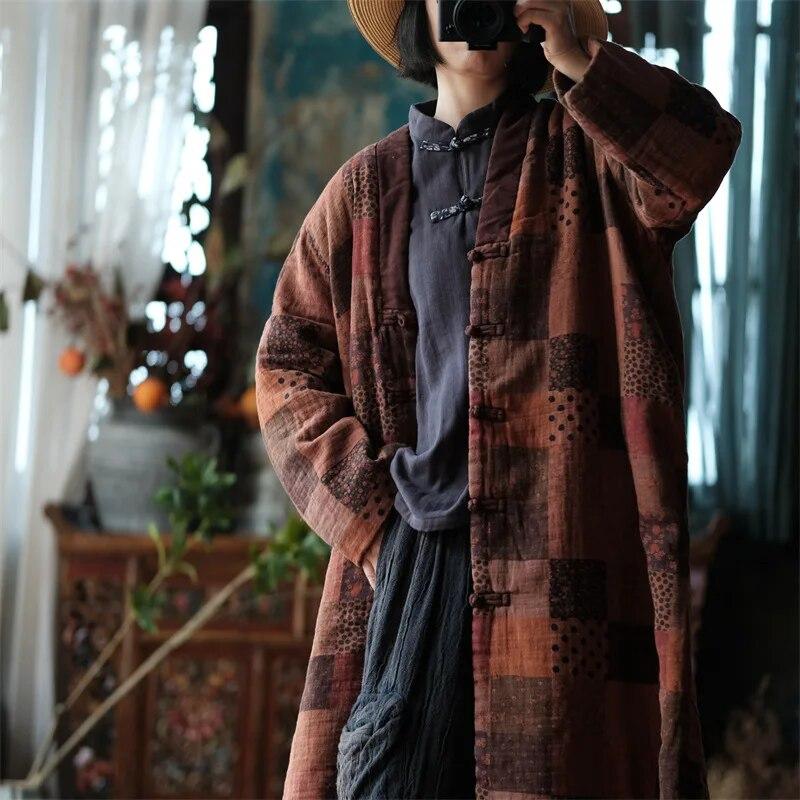 Johnature Женские винтажные зимние парки с v-образным вырезом и пуговицами, хлопковые пальто с длинными рукавами, женские длинные парки в китайском стиле