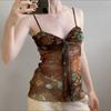 Women's Retro Floral Print Straps V-neck Mesh Spicy Sexy Slightly Transparent Slim Thin Outwear Suspenders