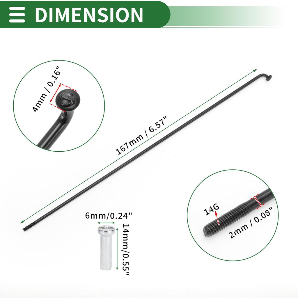 Motoforti Универсальные спицы для велосипеда, Спицы для велосипедного колеса, 14G, Длина 167 мм, Углеродистая сталь, Черный, 1 комплект