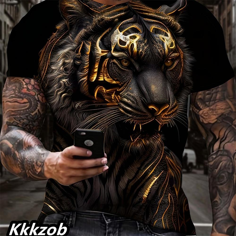 Мужская футболка с коротким рукавом и круглым вырезом, с 3D-принтом льва, для лета, мягкая и дышащая, повседневная и удобная, подходит для занятий спортом на свежем воздухе.