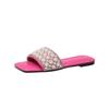 Sparkling Rhinestone Women's Slippers 2024 Summer Plus Size Sandals Square Head Pearl Flat Wear Beach Shoes