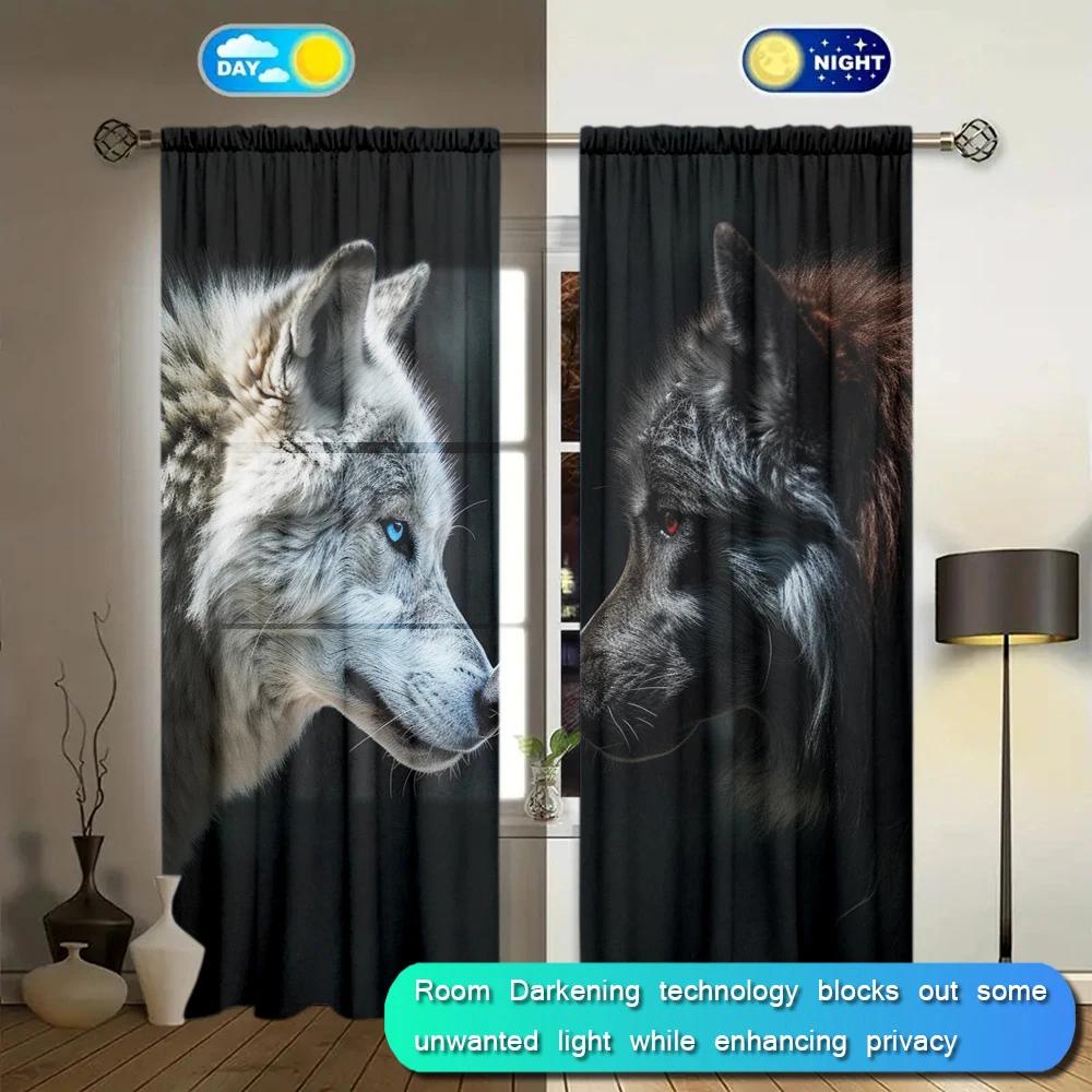 2 шт. Белый волк Черный волк Стиль Печатная штора для домашнего декора - Карманный карниз для оконного оформления спальни, офиса и кухни