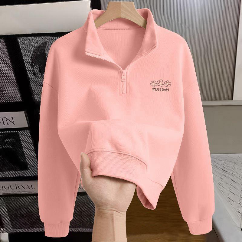 Womens Half Zip Sweatshirt Polo Neck Loose Fit Letter Print Top Daily Wear