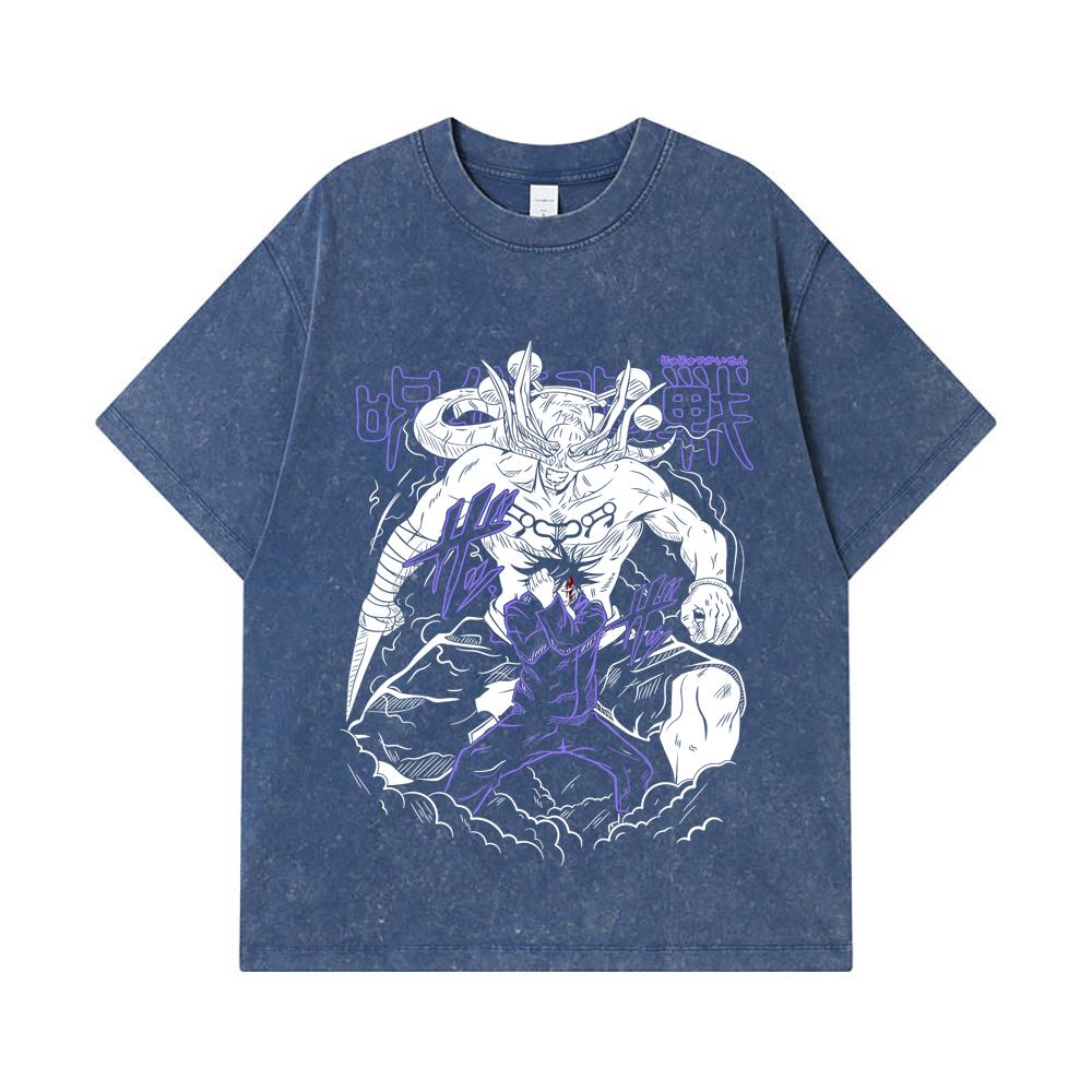 275 GSM Washed T-shirts 100% Cotton Jujutsu Kaisen V35 Mahoraga Print Unisex Heavy Cotton T Shirt