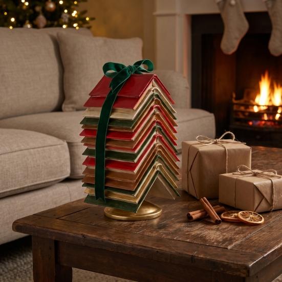 Thoughtful Housewarming Gift for Readers Stacked Book Christmas Tree Tabletop Decor, Resin Page Ornament Home Vintage Hardcover Stack Figurine