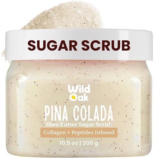 WildOak Pina Colada Sugar Body Scrub | 300g | Kojic Acid, Hyaluronic Acid, Ceramides, Collagen & Peptides | De-Tan & Brightens Dark Areas