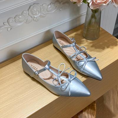 Нежные остроносые туфли Мэри Джейн серебристые французские маленькие красивые туфли-лодочки женские на плоской подошве с бантом на плоской подошве темпераментные туфли
