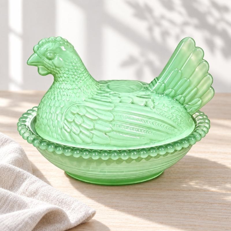 Covered Candy Dish in Glass with a Chicken Figure, Raised Texture, and Bowl Base for Displaying Chocolates and Candies