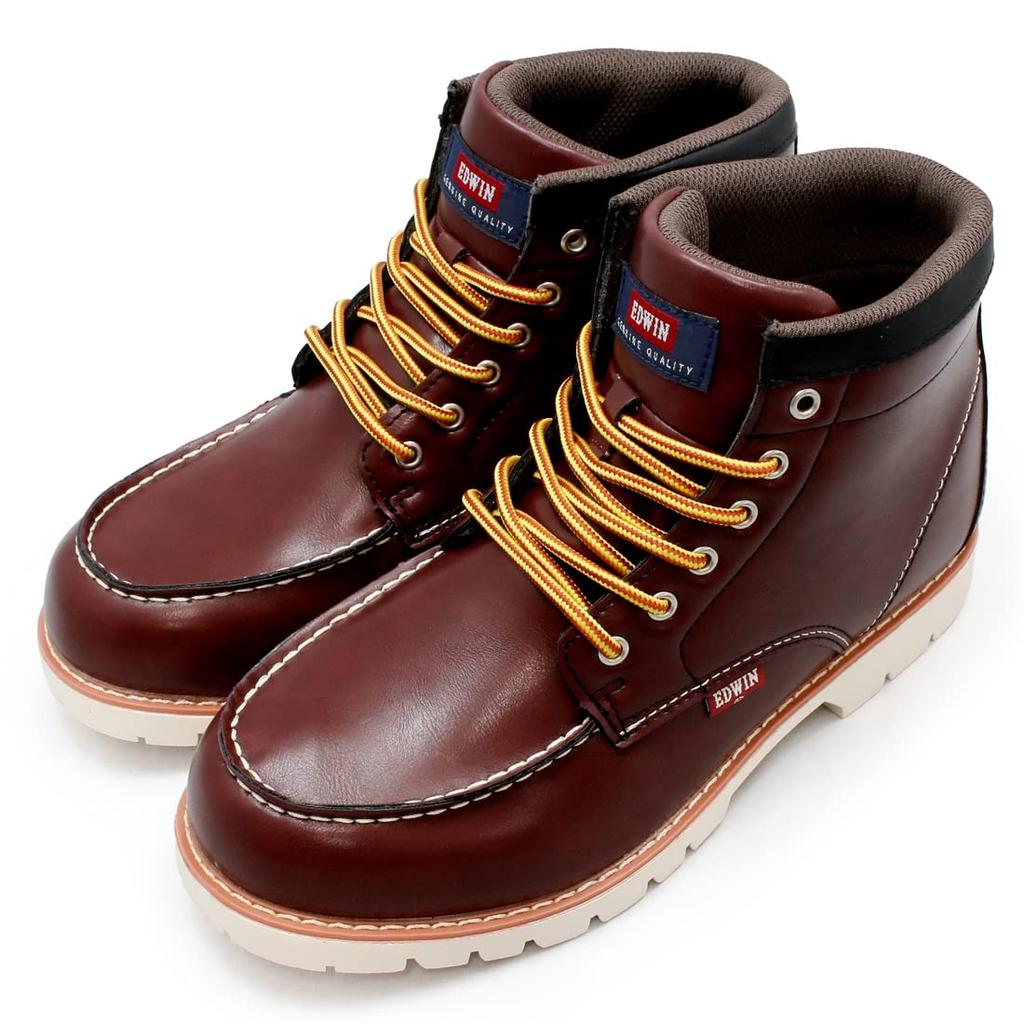 Edwin Waterproof Work Short Moccasin Boots with Moc PU Size Men's Boots, Toe, Leather, Non-Slip, Color Wine, EDM8700, 26.5cm