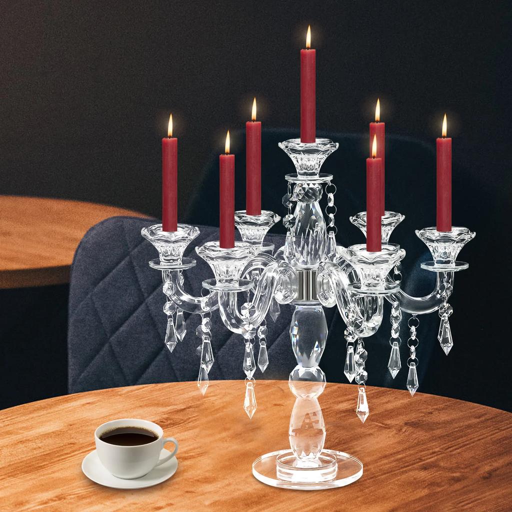 7-Arm Clear Crystal Candelabra, Elegant Glass Candle Holder for Dining Table & Wedding Decor, Modern Centerpiece with 7 Branches