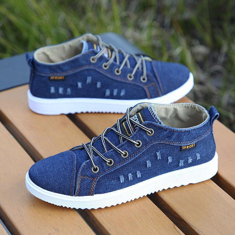 Мужская повседневная обувь в британском стиле, джинсовые кроссовки из парусины, высокие черные мужские ботильоны, обувь на плоской подошве, Chaussure Homme 2024