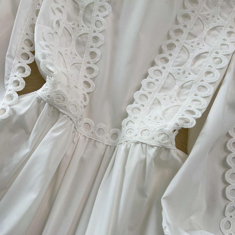 Осеннее праздничное платье с вырезом и вышивкой, женское платье с длинным рукавом-фонариком и круглым вырезом, с кружевной отделкой, однотонное вечернее платье миди, Vestidos