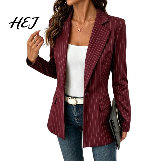 Women Casual Outerwear Striped Blazer with One Button, Breathable Business Work Jacket Jacket, Long Sleeves Notch Lapel Collar Coat for Fall