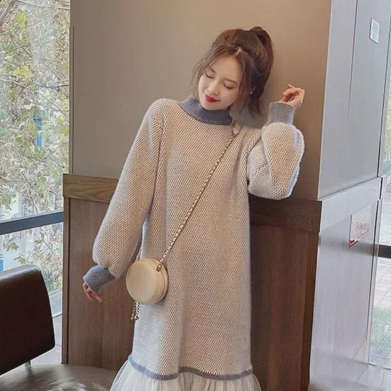 2024 Fall/Winter French Style Knee-Length Knitted Dress Coat with Inner Skirt and Sweater for Children