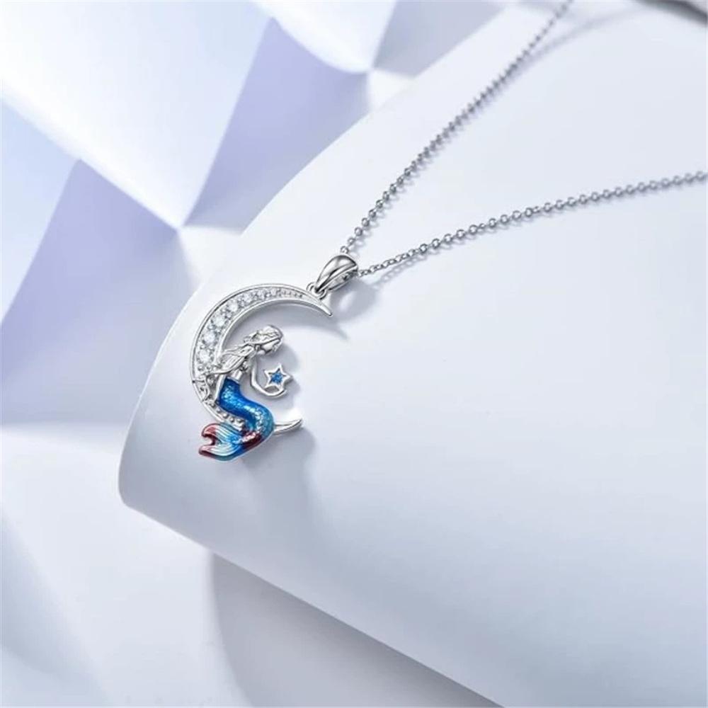 Женское Ожерелье-Кулон с Эмалью Цвета Crystal Blue, Русалка-Луна, Винтажное, Серебристого Цвета, Свадебное, Для Женщин
