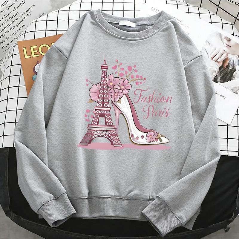 Fashion Paris Print Y2k Womens Hoodies 90s Long Sleeve Warm Fleece Sweatshirt Soft O-Neck Pullover Casual Female Clothes