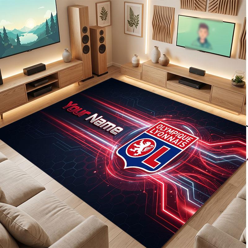 Lyon FC Custom Crystal Velvet Rug, Personalized Name Text Print, Football Logo Soft Non‑Slip Floor Mat Home Decor Gift