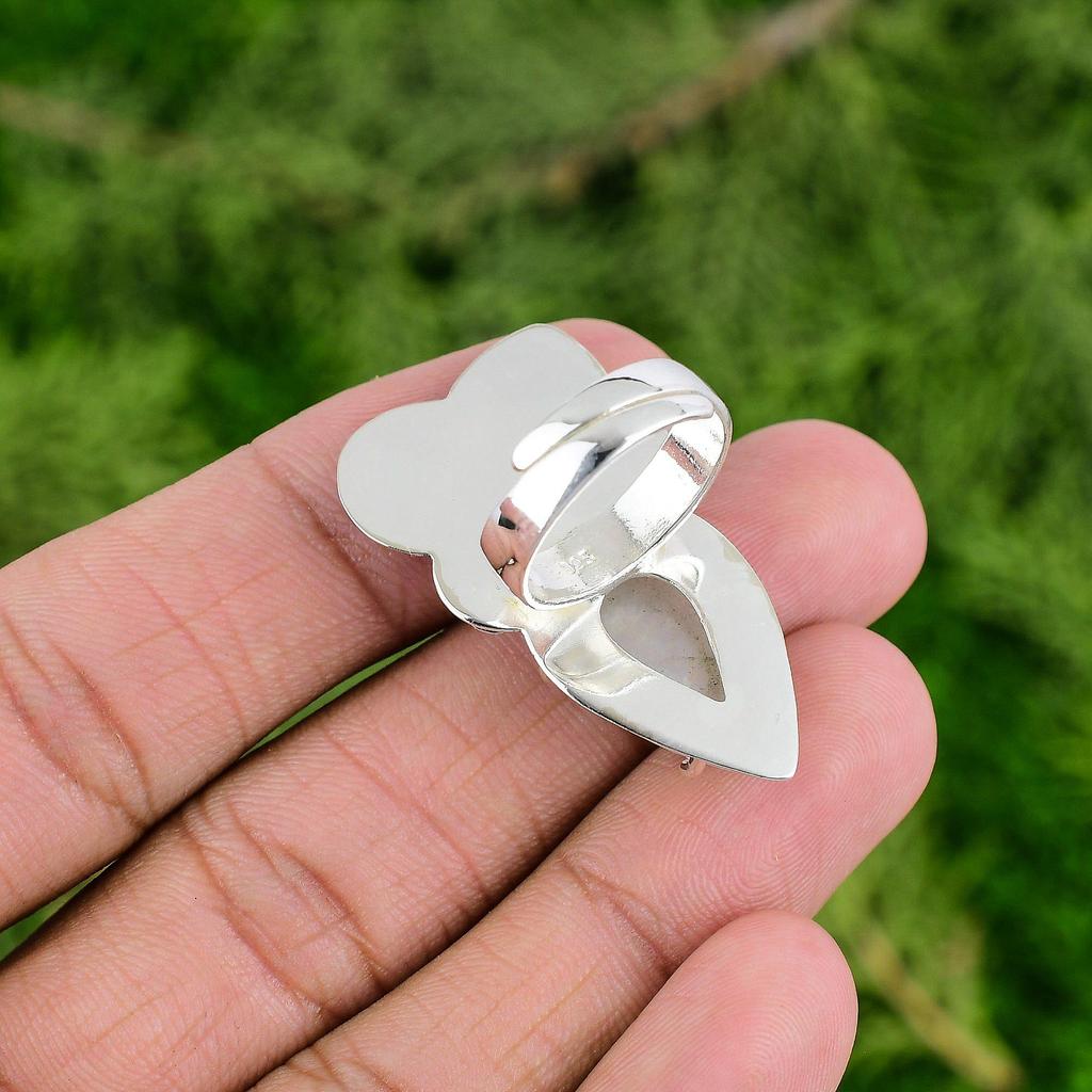 Rainbow Moonstone Gemstone 925 Sterling Silver Ethnic Sister Flower Ring Jewelry
