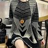 Korean Style Casual Geometric Knitted Sweaters Bright Silk Long Sleeve Round Neck Midi Jumpers Female Clothing Autumn Winter