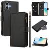 For iPhone 16 Plus Leather Case 9 Card Slots Zipper Wallet Stand Phone Cover with Wrist Strap