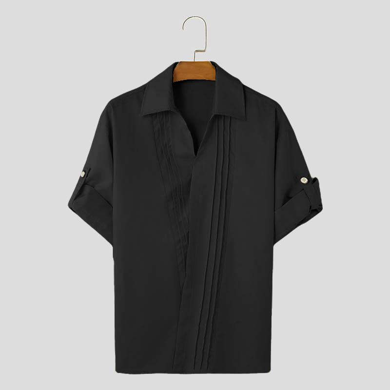 INCERUN Мужские рубашки с коротким рукавом и складками, повседневные, с перекрестными бретелями спереди, однотонные топы