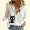 Women Fashion Cotton Linen Shirt Casual Thin Long Sleeve Top Ladies Cat Print Buttoned Blouse